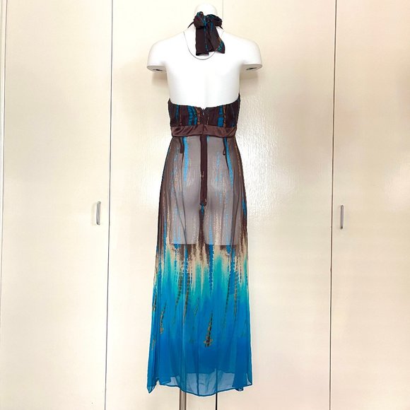 Robbie Bee VINTAGE 1970s tie dye Silk Halter Maxi boho Dress Burning Man Rave - Picture 7 of 14